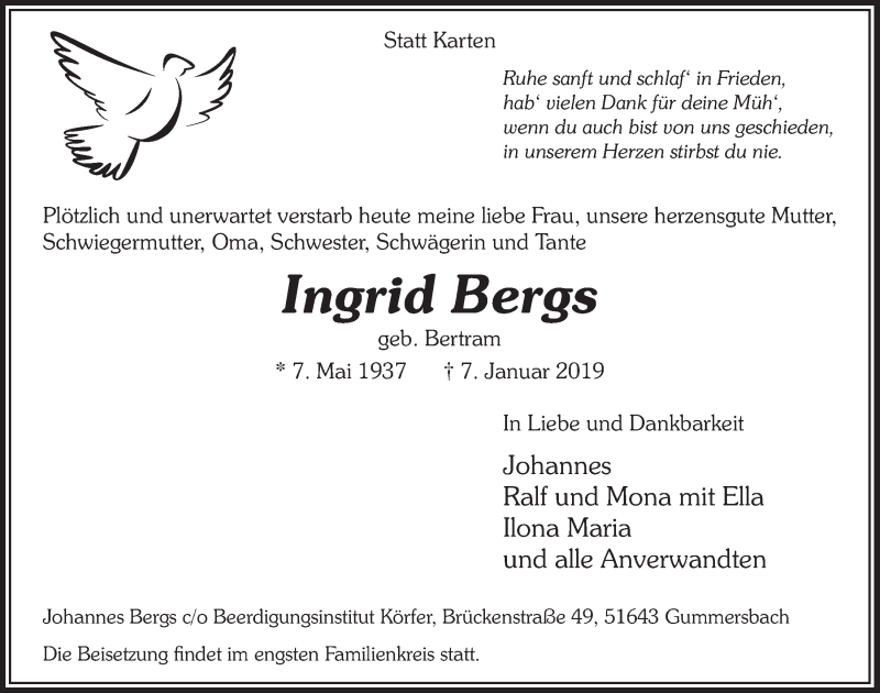  Traueranzeige für Ingrid Bergs vom 16.01.2019 aus  Anzeigen Echo 