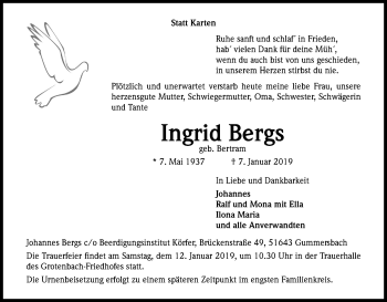 Anzeige von Ingrid Bergs von Kölner Stadt-Anzeiger / Kölnische Rundschau / Express