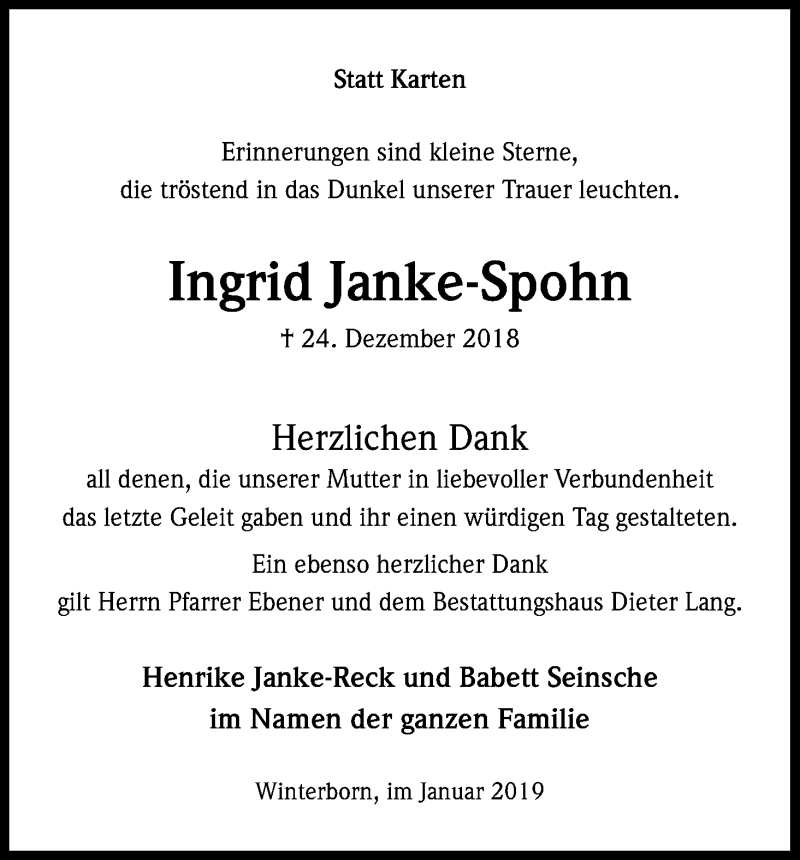  Traueranzeige für Ingrid Janke-Spohn vom 26.01.2019 aus Kölner Stadt-Anzeiger / Kölnische Rundschau / Express