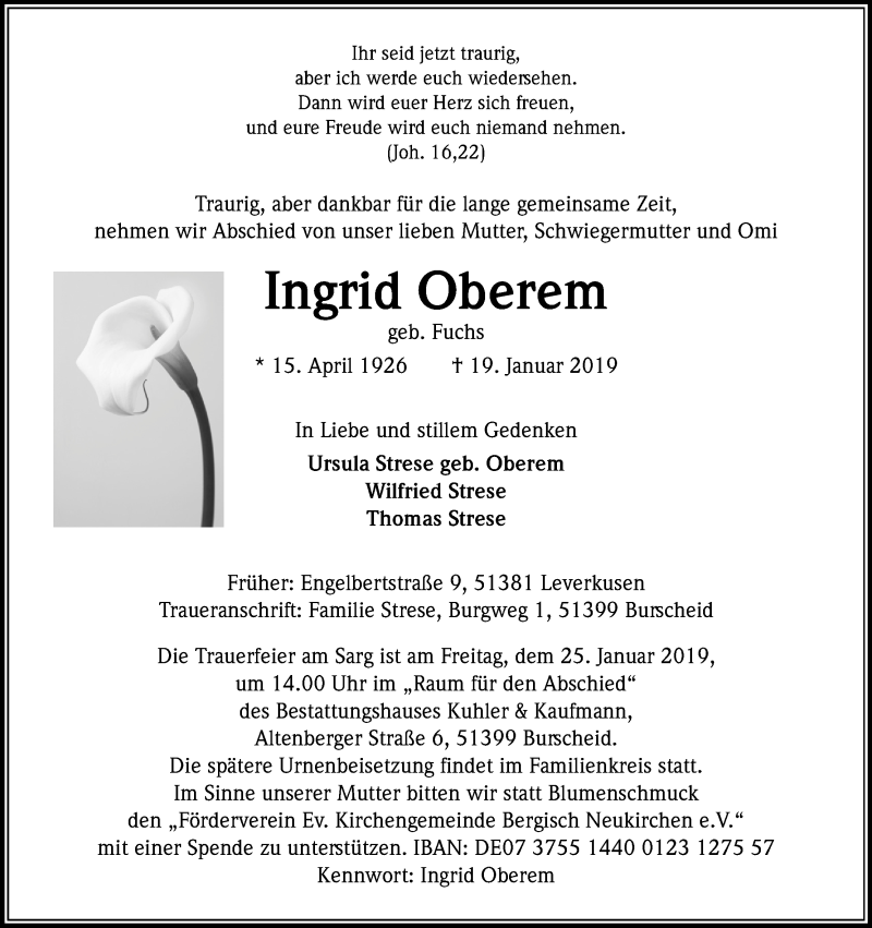  Traueranzeige für Ingrid Oberem vom 23.01.2019 aus Kölner Stadt-Anzeiger / Kölnische Rundschau / Express