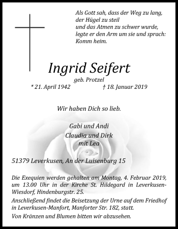 Anzeige von Ingrid Seifert von Kölner Stadt-Anzeiger / Kölnische Rundschau / Express