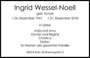 Anzeige von Ingrid Wessel-Noell von Kölner Stadt-Anzeiger / Kölnische Rundschau / Express