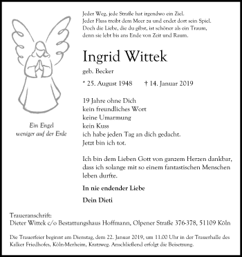 Anzeige von Ingrid Wittek von Kölner Stadt-Anzeiger / Kölnische Rundschau / Express