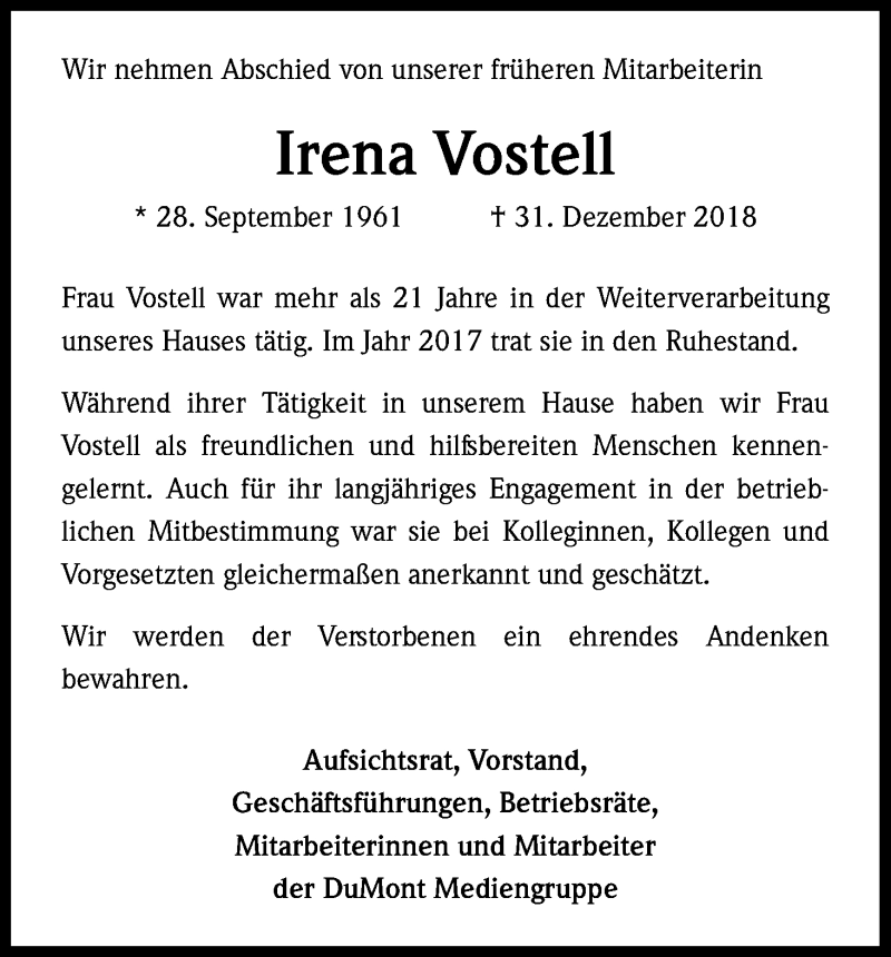  Traueranzeige für Irena Vostell vom 19.01.2019 aus Kölner Stadt-Anzeiger / Kölnische Rundschau / Express