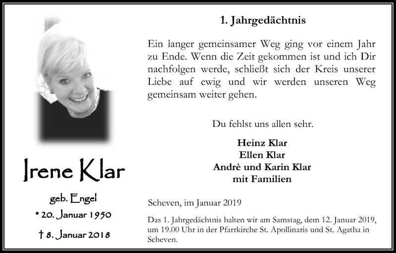  Traueranzeige für Irene Klar vom 09.01.2019 aus Kölner Stadt-Anzeiger / Kölnische Rundschau / Express