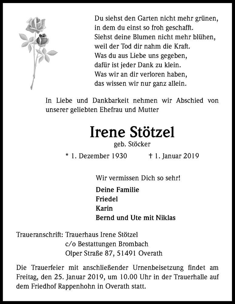  Traueranzeige für Irene Stötzel vom 19.01.2019 aus Kölner Stadt-Anzeiger / Kölnische Rundschau / Express