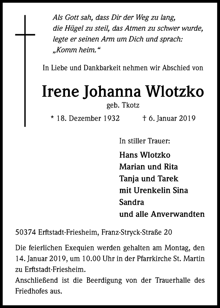  Traueranzeige für Irene Johanna Wlotzko vom 10.01.2019 aus Kölner Stadt-Anzeiger / Kölnische Rundschau / Express