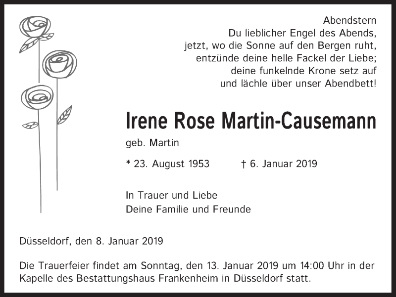  Traueranzeige für Irene Rose Martin-Causemann vom 10.01.2019 aus Kölner Stadt-Anzeiger / Kölnische Rundschau / Express