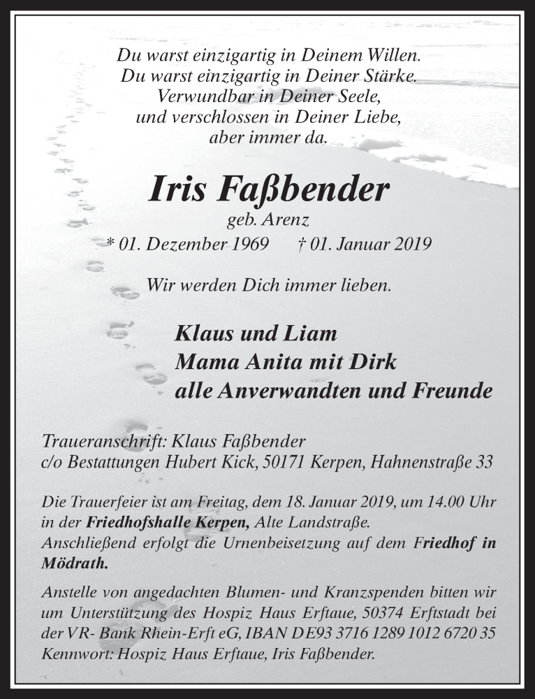  Traueranzeige für Iris Faßbender vom 16.01.2019 aus  Werbepost 