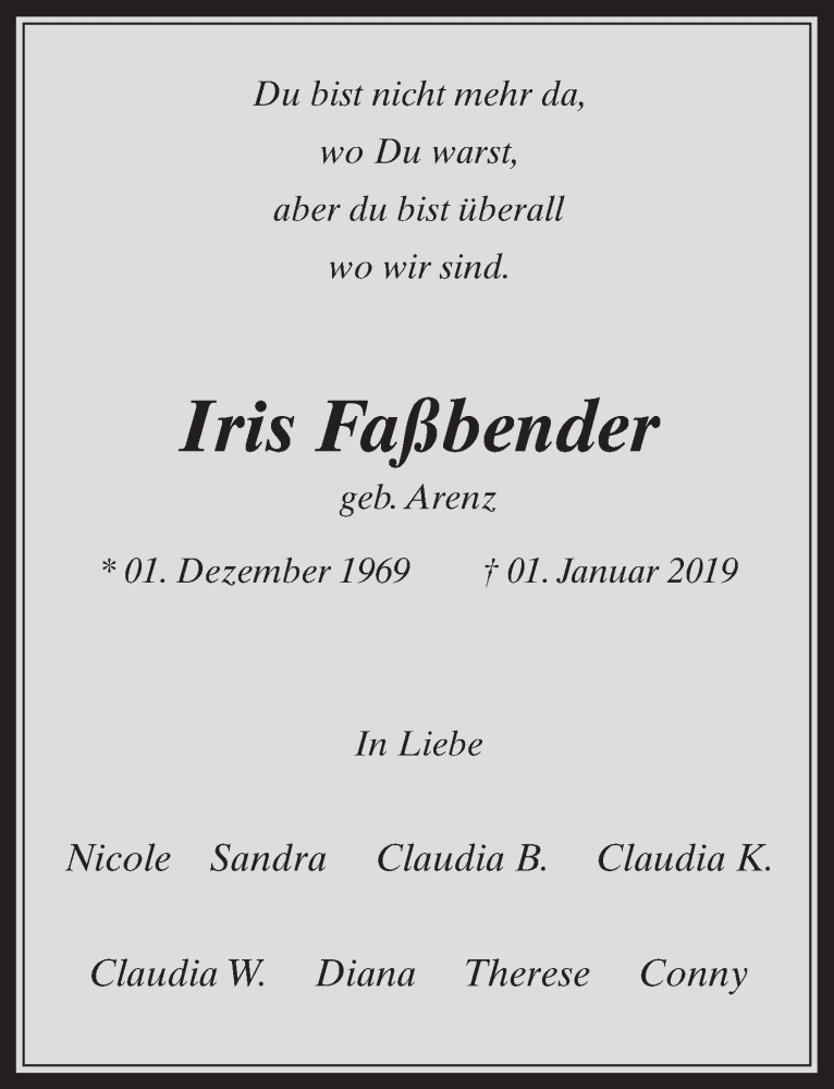  Traueranzeige für Iris Faßbender vom 16.01.2019 aus  Werbepost 
