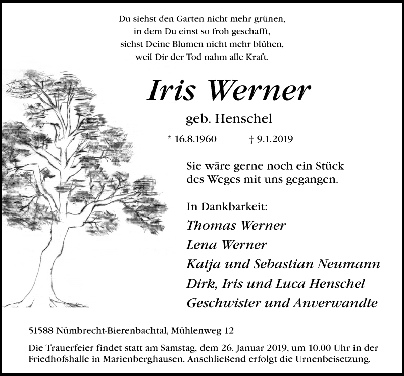  Traueranzeige für Iris Werner vom 23.01.2019 aus  Anzeigen Echo  Lokalanzeiger 