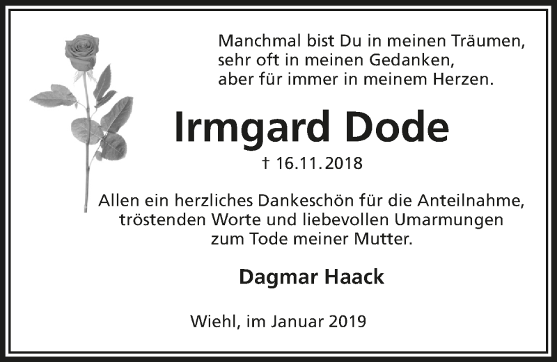  Traueranzeige für Irmgard Dode vom 09.01.2019 aus  Anzeigen Echo 