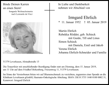 Anzeige von Irmgard Ehrlich von Kölner Stadt-Anzeiger / Kölnische Rundschau / Express