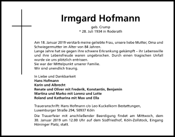 Anzeige von Irmgard Hofmann von Kölner Stadt-Anzeiger / Kölnische Rundschau / Express