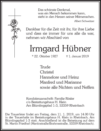 Anzeige von Irmgard Hübner von  Schaufenster/Blickpunkt 