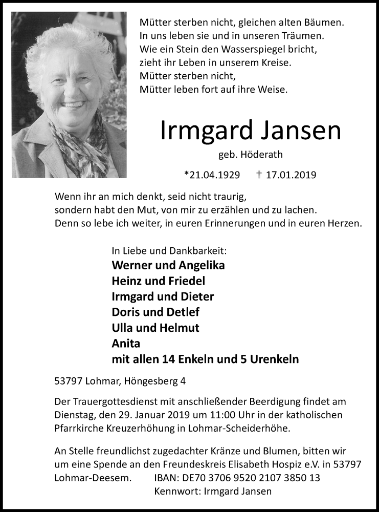  Traueranzeige für Irmgard Jansen vom 23.01.2019 aus Kölner Stadt-Anzeiger / Kölnische Rundschau / Express