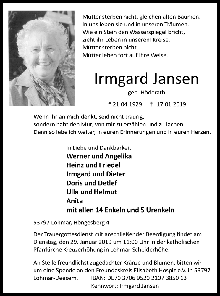  Traueranzeige für Irmgard Jansen vom 19.01.2019 aus Kölner Stadt-Anzeiger / Kölnische Rundschau / Express