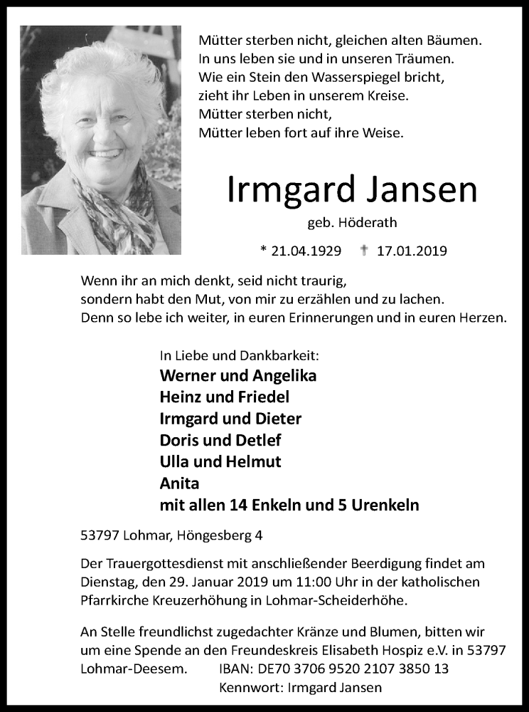 Traueranzeigen von Irmgard Jansen | WirTrauern