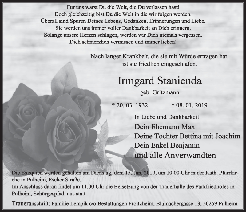  Traueranzeige für Irmgard Stanienda vom 12.01.2019 aus  Sonntags-Post 