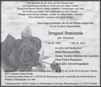 Anzeige von Irmgard Stanienda von  Sonntags-Post 