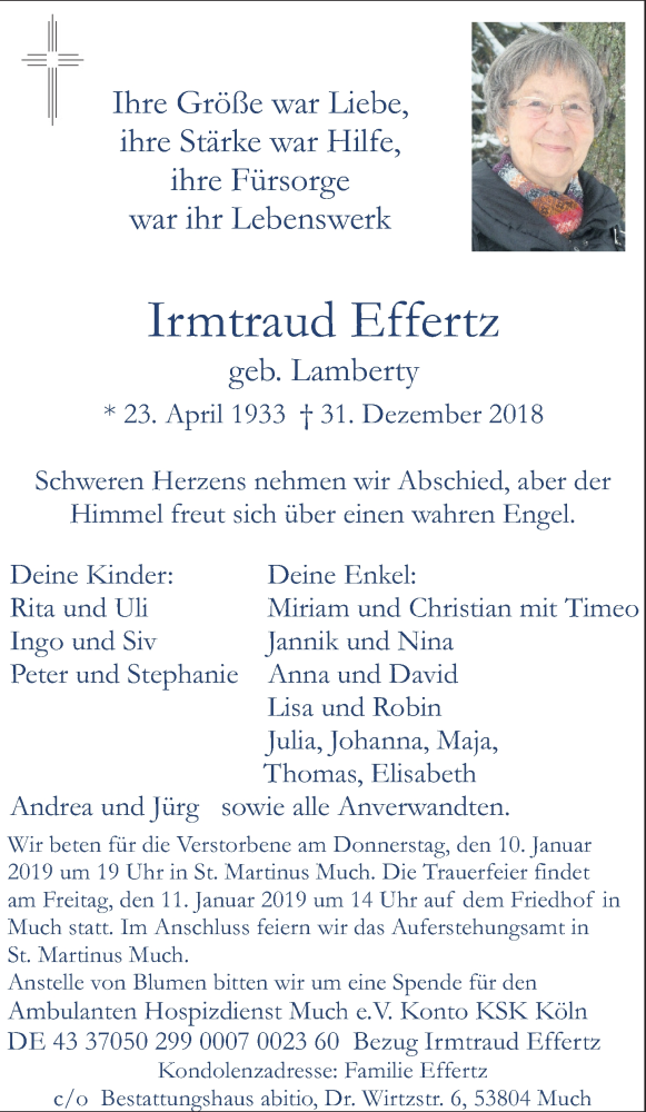  Traueranzeige für Irmtraud Effertz vom 05.01.2019 aus Kölner Stadt-Anzeiger / Kölnische Rundschau / Express