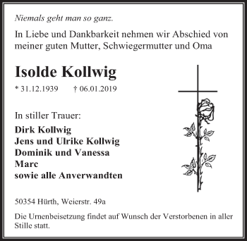 Anzeige von Isolde Kollwig von  Wochenende 