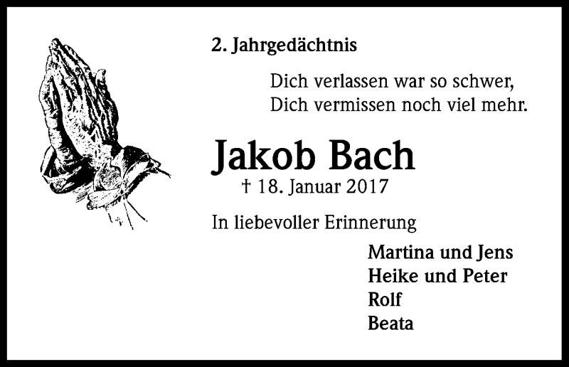  Traueranzeige für Jakob Bach vom 18.01.2019 aus Kölner Stadt-Anzeiger / Kölnische Rundschau / Express