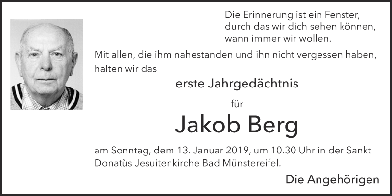  Traueranzeige für Jakob Berg vom 05.01.2019 aus  Blickpunkt Euskirchen 