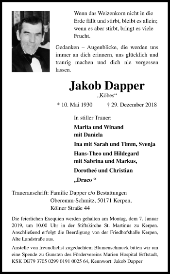 Anzeige von Jakob Dapper von Kölner Stadt-Anzeiger / Kölnische Rundschau / Express