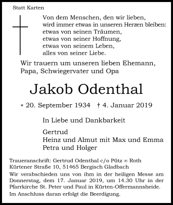 Anzeige von Jakob Odenthal von Kölner Stadt-Anzeiger / Kölnische Rundschau / Express