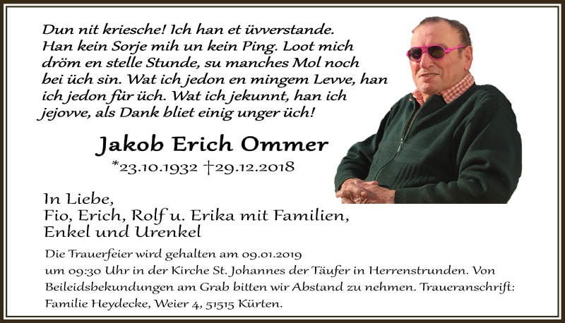 Traueranzeige für Jakob Erick Ommer vom 05.01.2019 aus  Bergisches Sonntagsblatt 