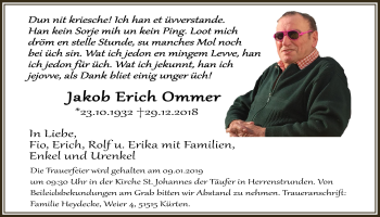 Anzeige von Jakob Erick Ommer von  Bergisches Sonntagsblatt 