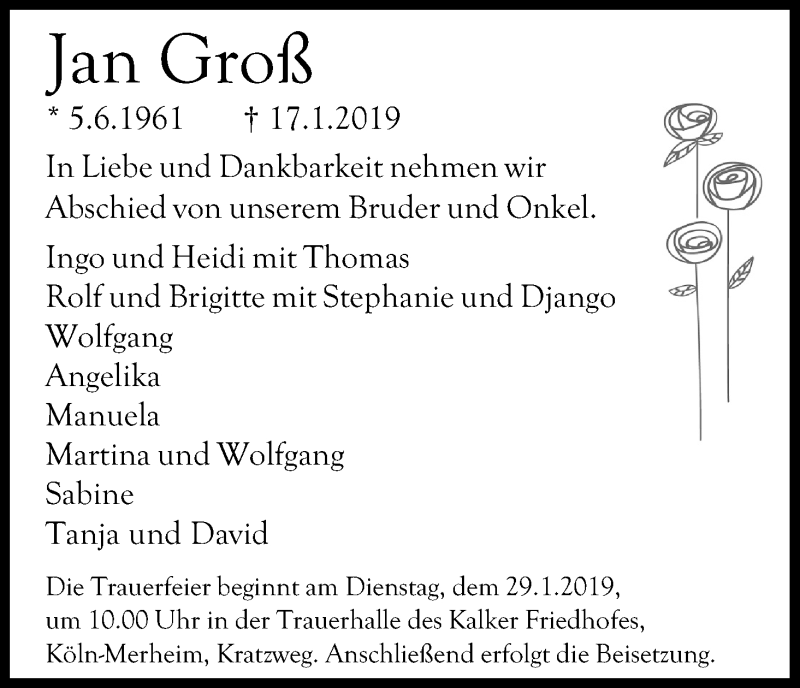  Traueranzeige für Jan Groß vom 26.01.2019 aus Kölner Stadt-Anzeiger / Kölnische Rundschau / Express