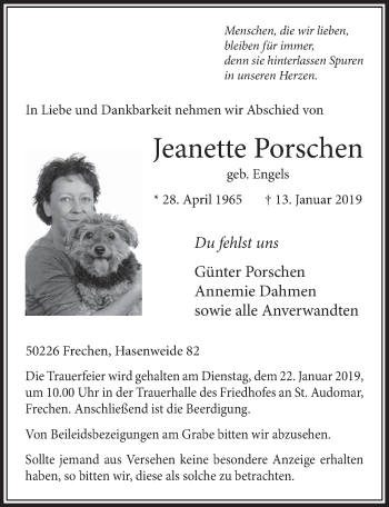 Anzeige von Jeanette Porschen von  Sonntags-Post 