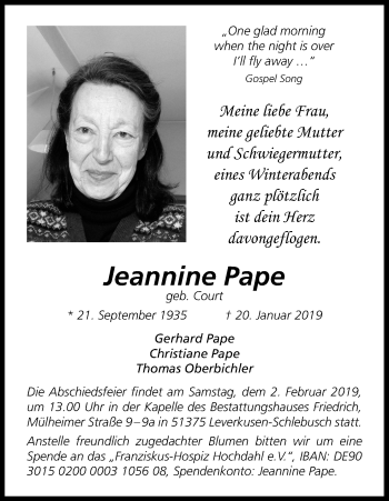 Anzeige von Jeannine Pape von Kölner Stadt-Anzeiger / Kölnische Rundschau / Express