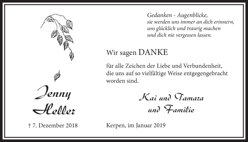  Traueranzeige für Jenny Heller vom 26.01.2019 aus  Sonntags-Post 