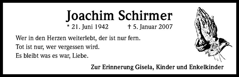  Traueranzeige für Joachim Schirmer vom 05.01.2019 aus Kölner Stadt-Anzeiger / Kölnische Rundschau / Express