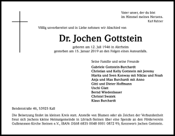 Anzeige von Jochen Gottstein von Kölner Stadt-Anzeiger / Kölnische Rundschau / Express