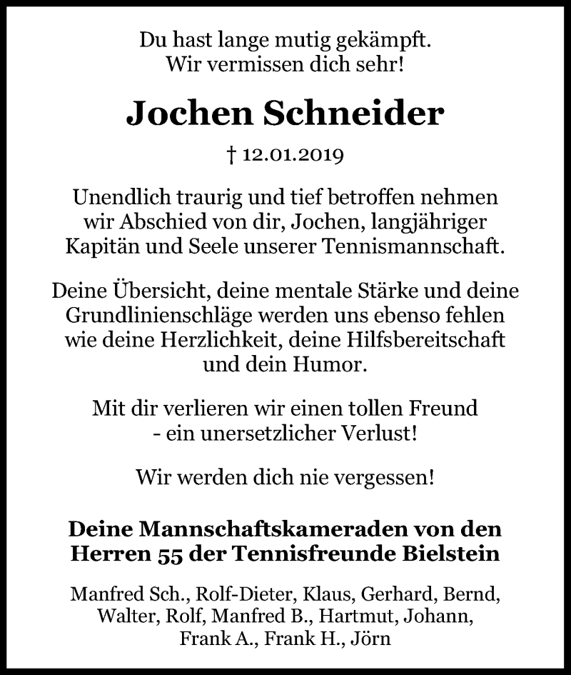  Traueranzeige für Jochen Schneider vom 19.01.2019 aus Kölner Stadt-Anzeiger / Kölnische Rundschau / Express