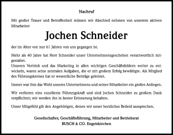 Anzeige von Jochen Schneider von Kölner Stadt-Anzeiger / Kölnische Rundschau / Express