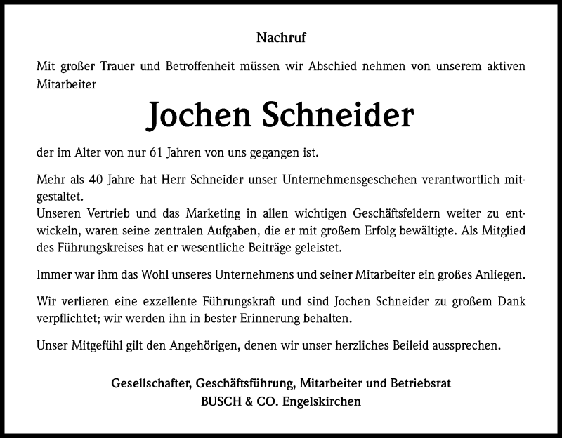  Traueranzeige für Jochen Schneider vom 19.01.2019 aus Kölner Stadt-Anzeiger / Kölnische Rundschau / Express