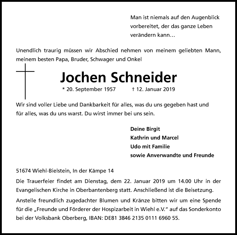  Traueranzeige für Jochen Schneider vom 17.01.2019 aus Kölner Stadt-Anzeiger / Kölnische Rundschau / Express