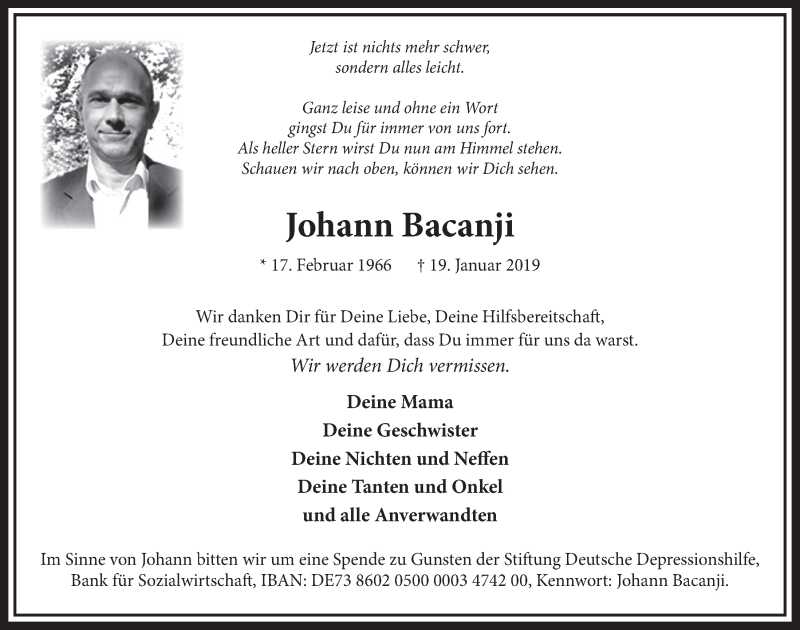  Traueranzeige für Johann Bacanji vom 26.01.2019 aus  Sonntags-Post 