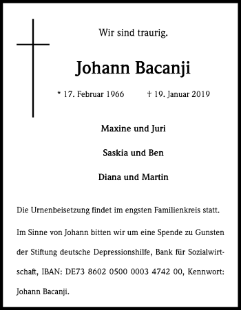 Anzeige von Johann Bacanji von Kölner Stadt-Anzeiger / Kölnische Rundschau / Express