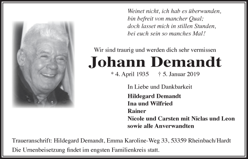  Traueranzeige für Johann Demandt vom 09.01.2019 aus  Schaufenster/Blickpunkt 