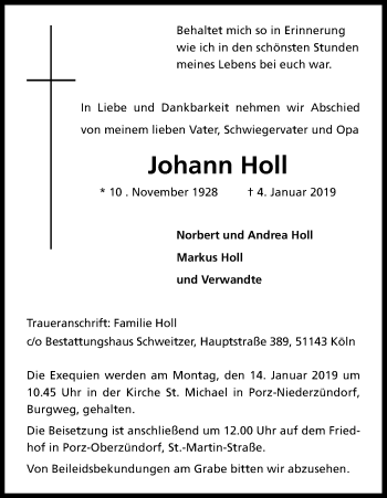Anzeige von Johann Holl von Kölner Stadt-Anzeiger / Kölnische Rundschau / Express