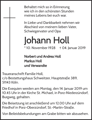 Anzeige von Johann Holt von  Kölner Wochenspiegel 