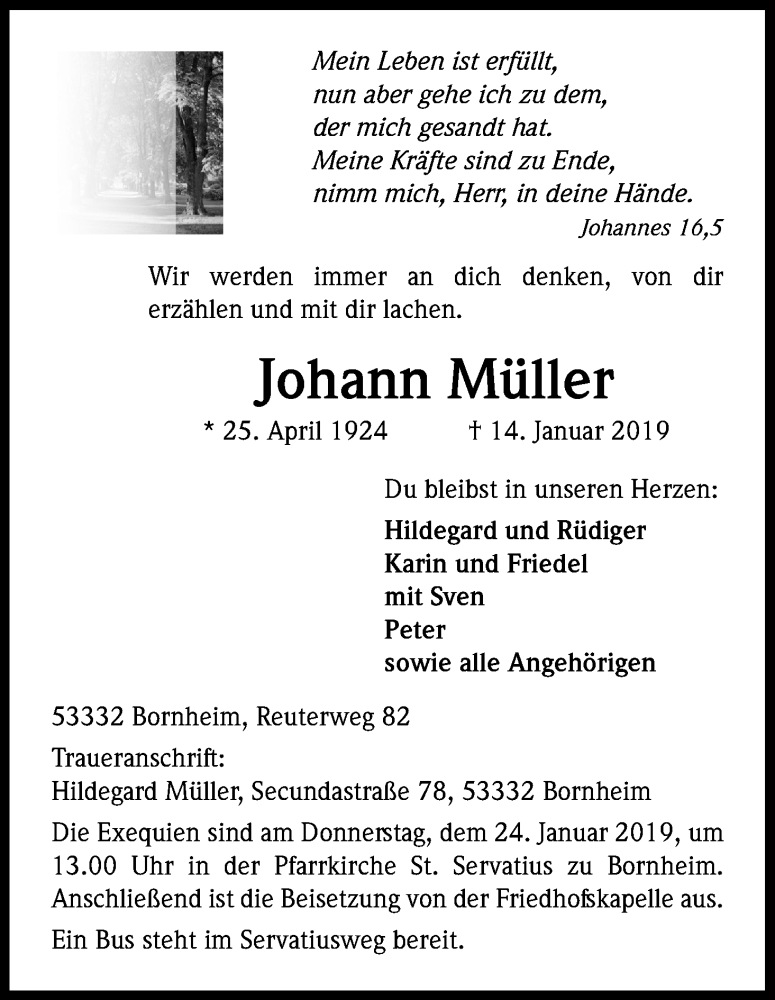  Traueranzeige für Johann Müller vom 19.01.2019 aus Kölner Stadt-Anzeiger / Kölnische Rundschau / Express
