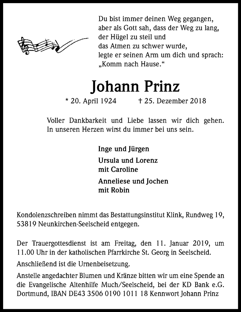  Traueranzeige für Johann Prinz vom 05.01.2019 aus Kölner Stadt-Anzeiger / Kölnische Rundschau / Express