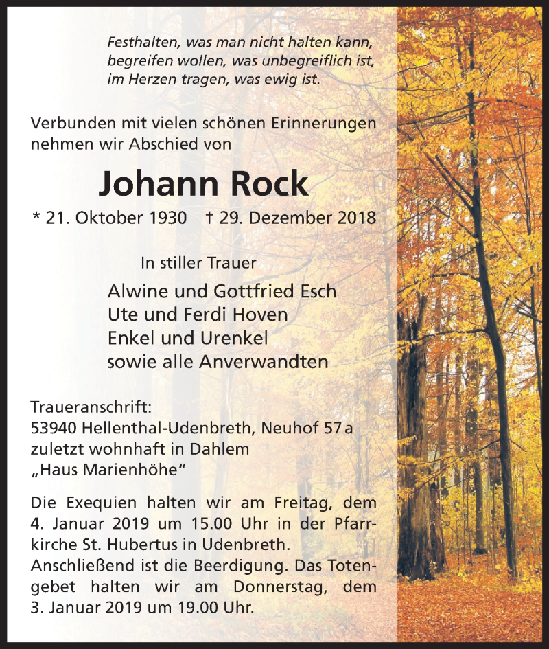  Traueranzeige für Johann Rock vom 03.01.2019 aus Kölner Stadt-Anzeiger / Kölnische Rundschau / Express